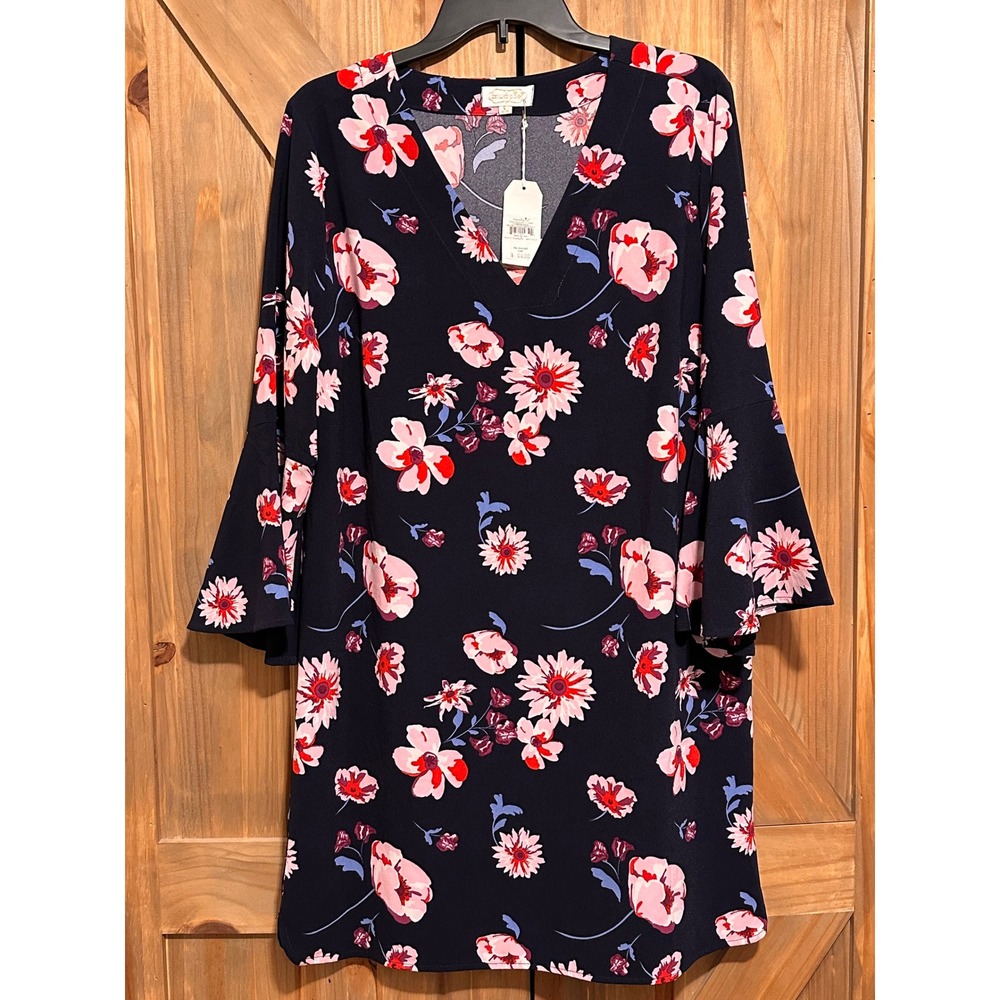 Mud Pie Mila Bell Sleeve Dress Navy Floral V-Neck Shift Mini Large NWT